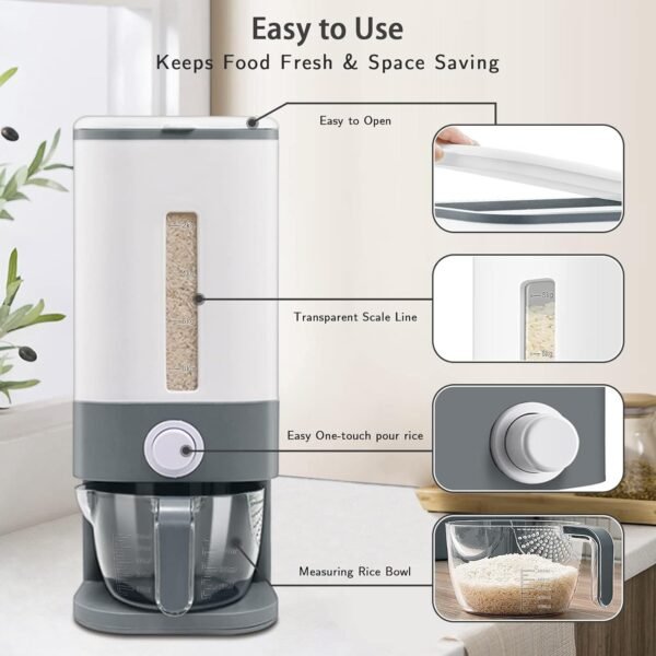Rice Dispenser, 22-25 Lbs Rice Container With Measuring Cup,Cereal Dispenser Storage With Lids For Home Kitchen Pantry Rice Soybean Corn-Grey - Image 5